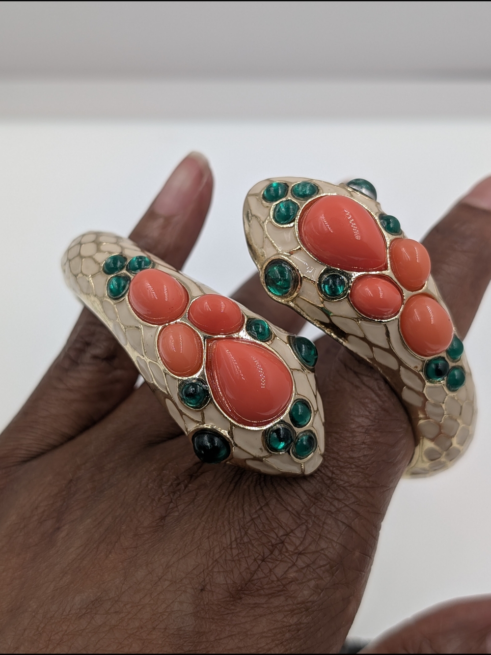 Gold Leopard Print and Coral Gem Snake Cuff Bracelet Set 0206 - Picture 4 of 9